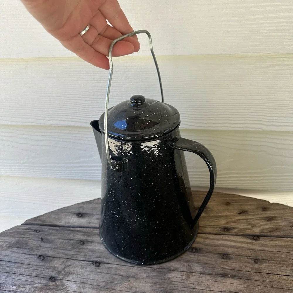 Vintage Black & White Speckled Enamelware Percolator Camping Cowboy Coffee Pot